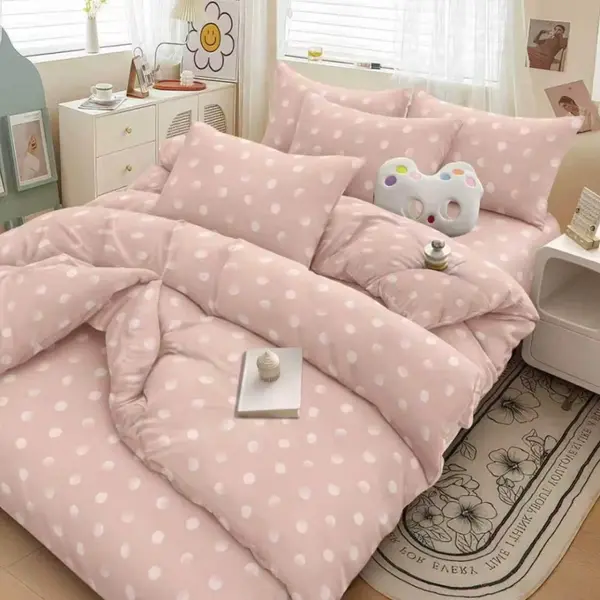 Lenjerie pat dublu, bumbac satinat, cearsaf clasic, 4 piese, Roz buline