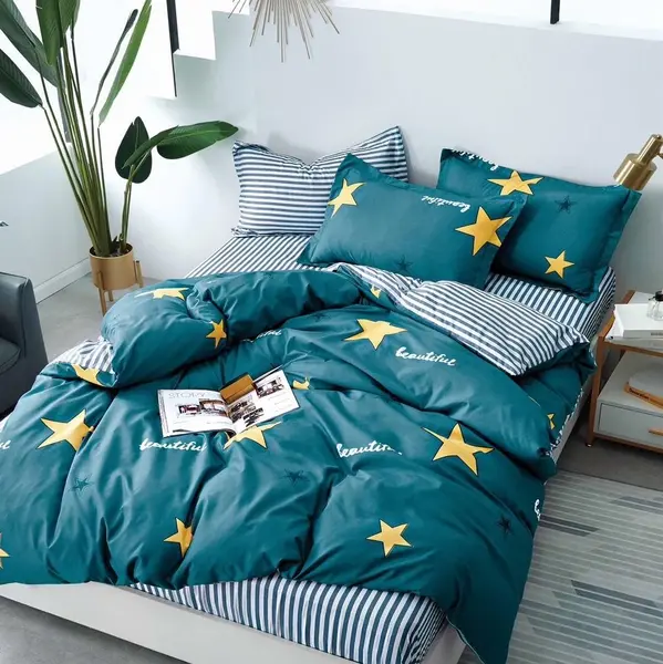 Lenjerie pat dublu, bumbac satinat, cearsaf clasic, 4 piese, Turquoise, stelute