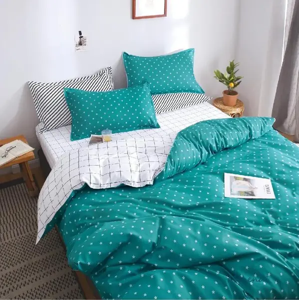 Lenjerie pat dublu, bumbac satinat, cearsaf clasic, 4 piese, Verde, stelute