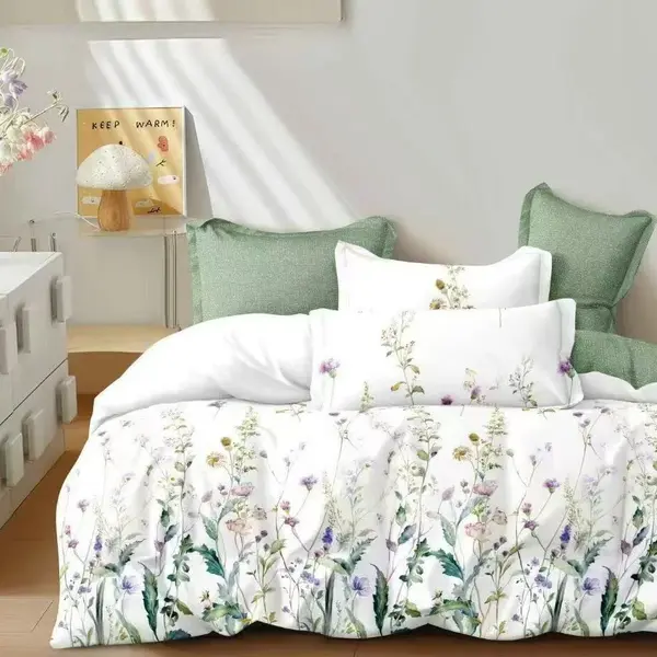 Lenjerie pat dublu cu Elastic - 3 Bucati 199 Lei - Alb, Verde, floricele