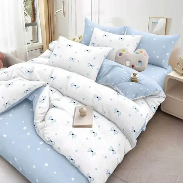 Lenjerie pat dublu cu Elastic, Alb, Bleu fundite