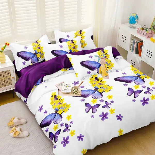 Lenjerie Pat Dublu Cu Elastic Bumbac Satinat - 3 Bucati 219 Lei - Alb Mov Fluturi