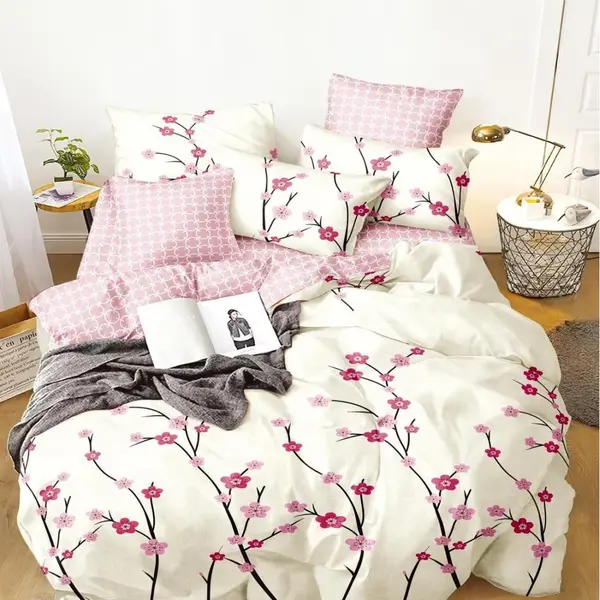 Lenjerie Pat Dublu Cu Elastic Bumbac Satinat - 3 Bucati 219 Lei - Roz Flori