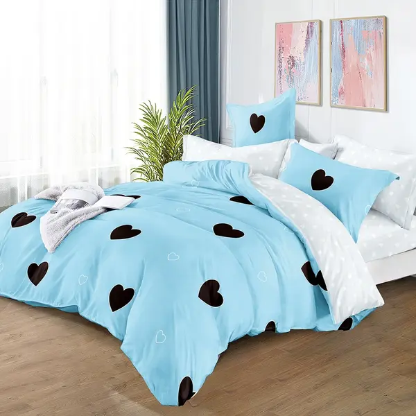 Lenjerie Pat Dublu Cu Elastic Bumbac Satinat - 3 Bucati 219 Lei - Bleu Inimioare