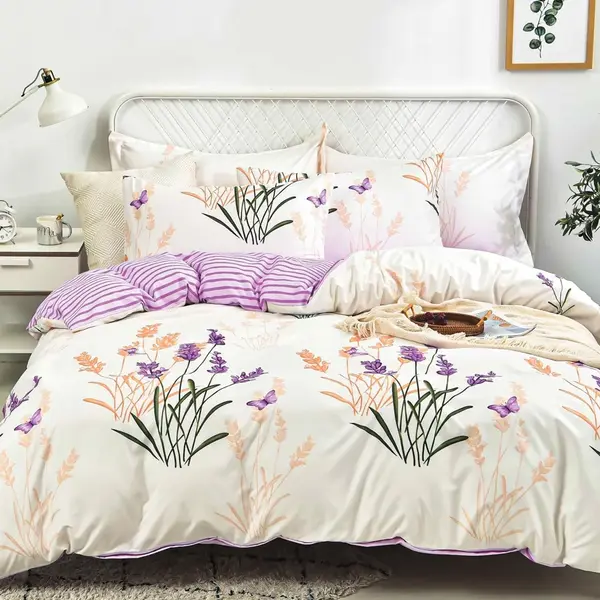 Lenjerie Pat Dublu Cu Elastic Bumbac Satinat - 3 Bucati 219 Lei - Crem Mov Flori
