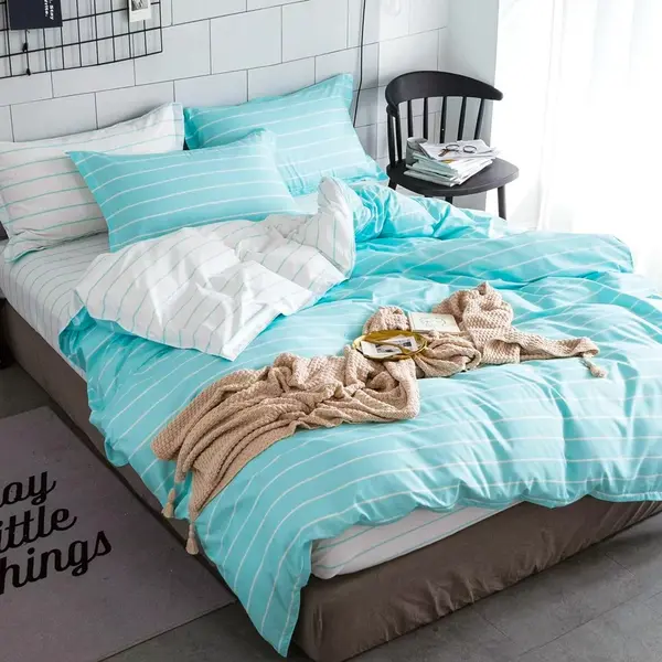 Lenjerie pat dublu cu Elastic, bumbac satinat, Alb, Bleu, dungi