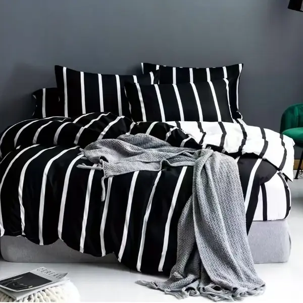 Lenjerie pat dublu cu Elastic, bumbac satinat, Alb, Negru, dungi
