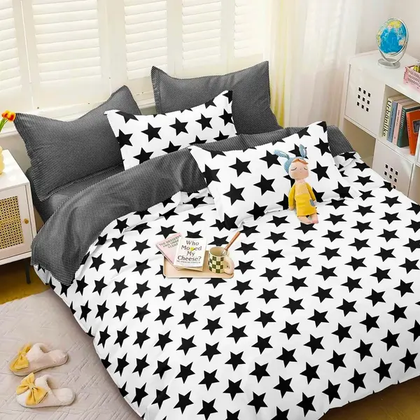 Lenjerie pat dublu cu Elastic, bumbac satinat, Alb, Negru, stelute
