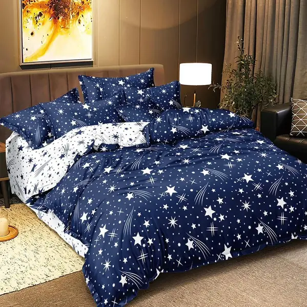 Lenjerie pat dublu cu Elastic, bumbac satinat, Albastru, stelute
