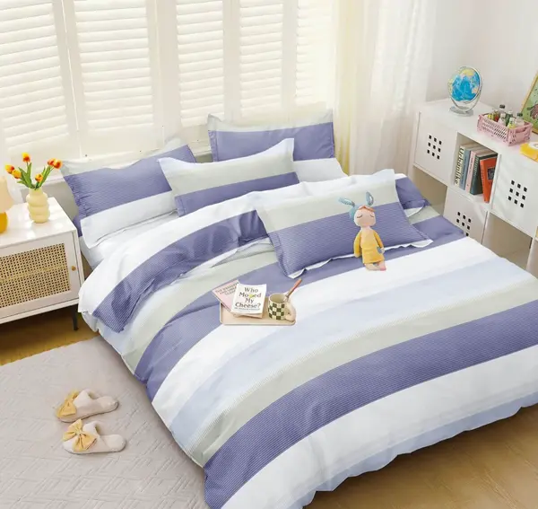 Lenjerie pat dublu cu Elastic, bumbac satinat, Bleu, dungi