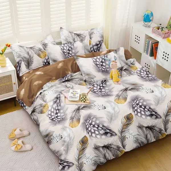 Lenjerie pat dublu cu Elastic, bumbac satinat, Crem, pene