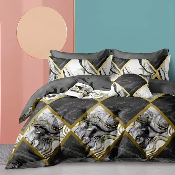 Lenjerie pat dublu cu Elastic, bumbac satinat, Gri, abstract elegant