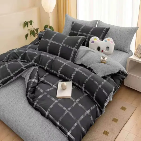 Lenjerie pat dublu cu Elastic, bumbac satinat, Gri, chenare, patrate