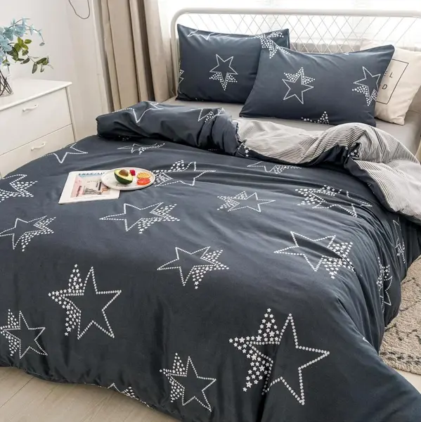 Lenjerie pat dublu cu Elastic, bumbac satinat, Gri, stelute