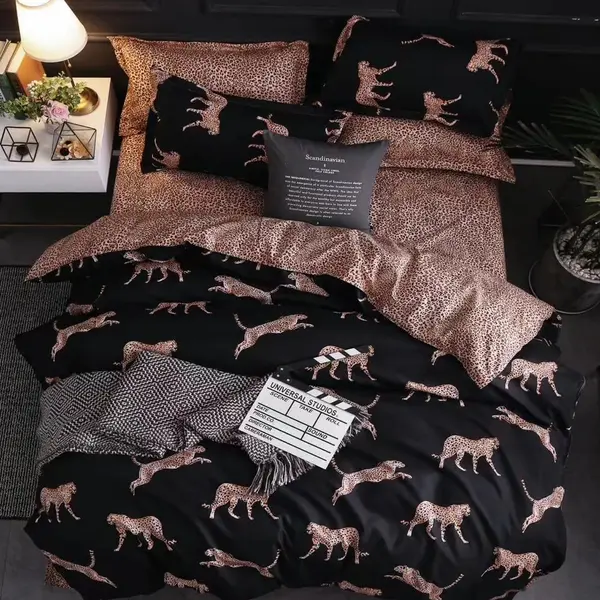 Lenjerie pat dublu cu Elastic, bumbac satinat, Negru, leopard