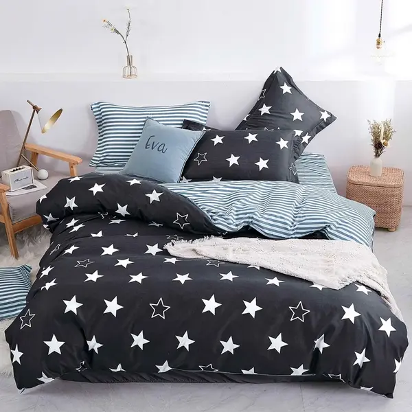 Lenjerie pat dublu cu Elastic, bumbac satinat, Negru, stelute
