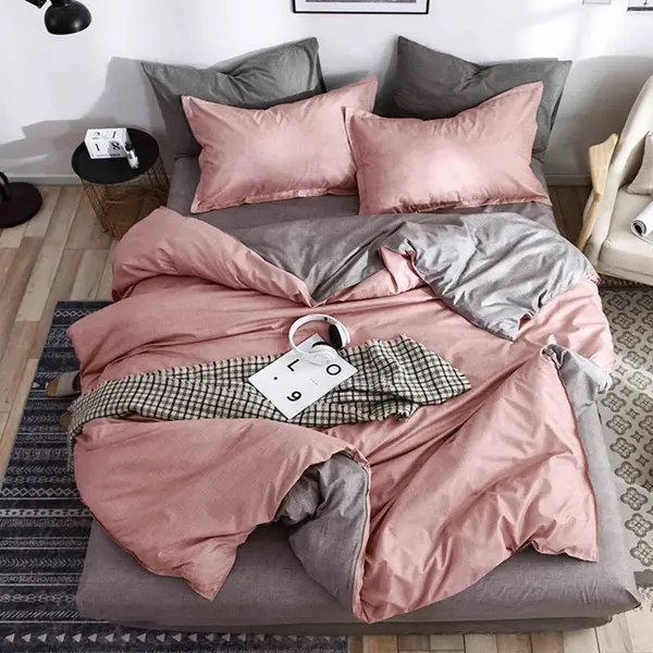 Lenjerie pat dublu cu Elastic, bumbac satinat, Roz. Grej