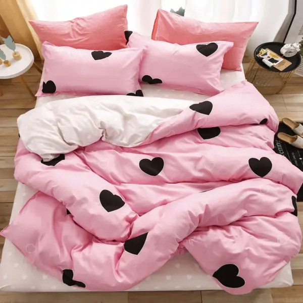 Lenjerie pat dublu cu Elastic, bumbac satinat, Roz, inimioare