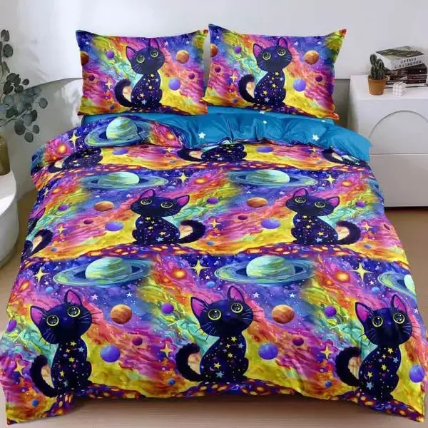 Lenjerie pat dublu cu Elastic, bumbac satinat, Roz, Mov, planete si pisicute