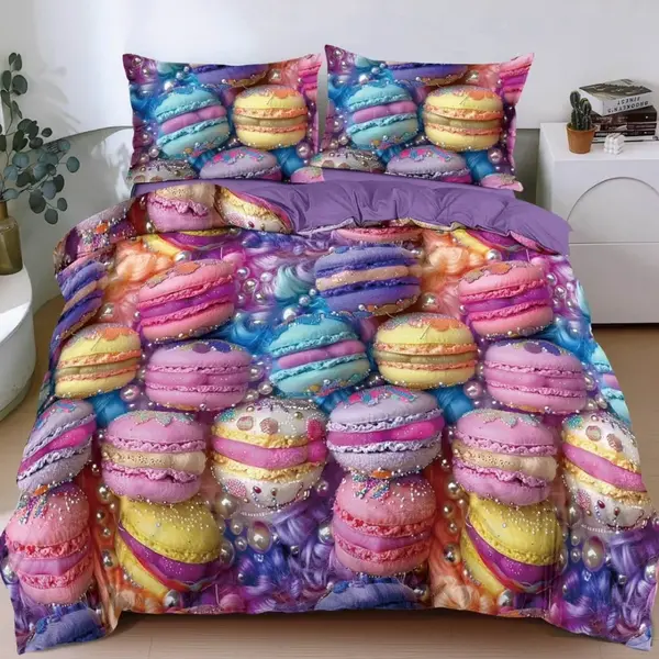 Lenjerie pat dublu cu Elastic, bumbac satinat, Roz, Multicolor, macarons