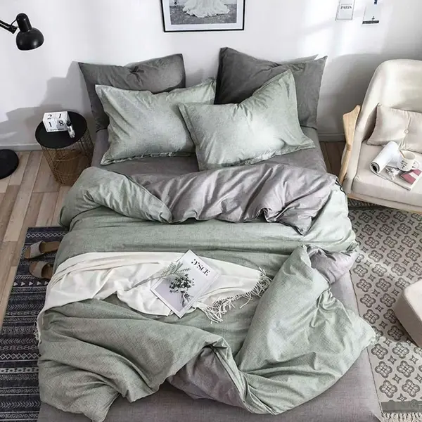 Lenjerie pat dublu cu Elastic, bumbac satinat, verde, gri