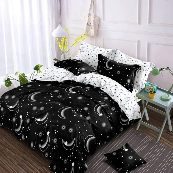 Lenjerie pat dublu cu Elastic, Finet, 6 piese, Alb, Negru, stelute si luna
