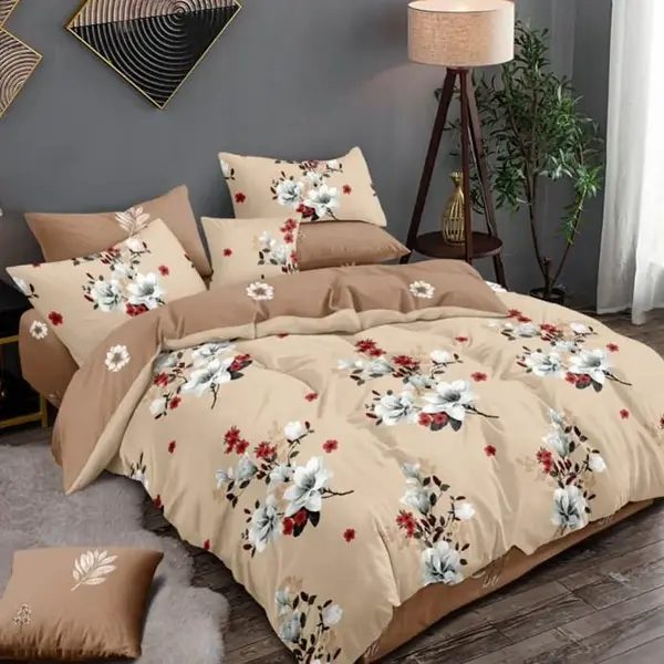 Lenjerie pat dublu cu ELASTIC, Finet, 6 piese, Bej, flori