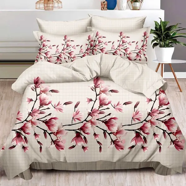Lenjerie pat dublu cu ELASTIC, Finet, 6 piese, Bej, magnolii