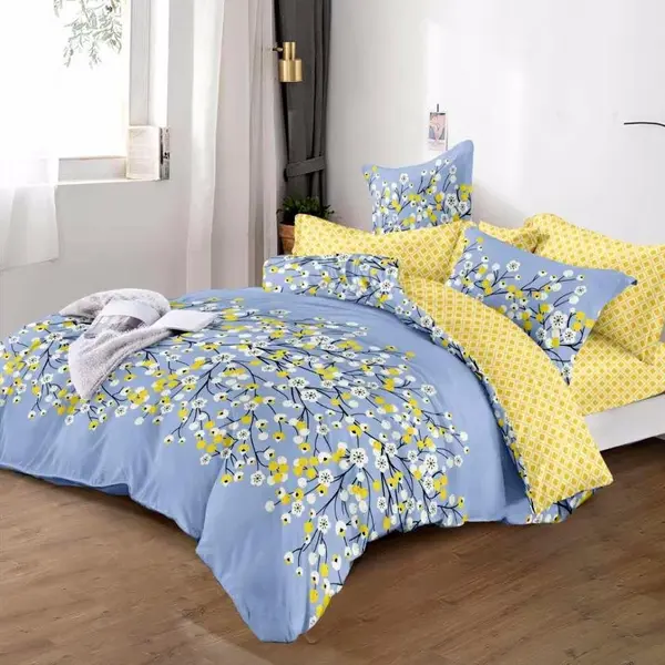 Lenjerie pat dublu cu ELASTIC, Finet, 6 piese, Bleu, flori