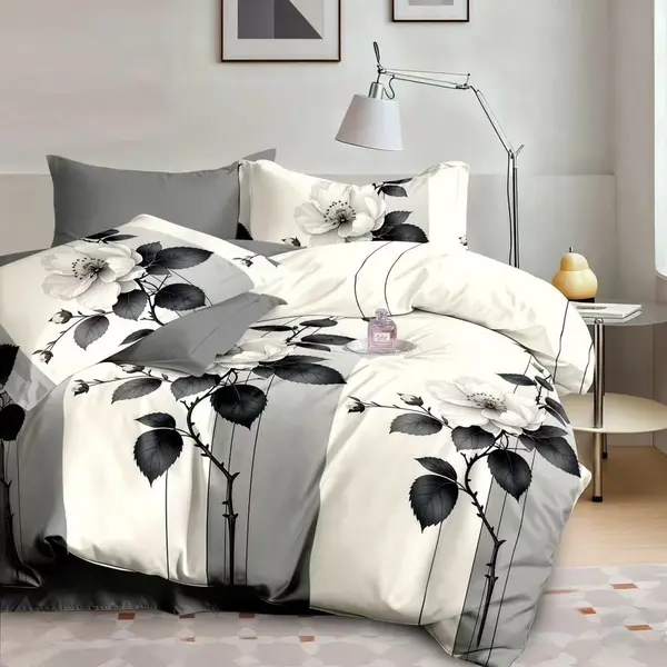Lenjerie pat dublu cu ELASTIC, Finet, 6 piese, Crem, Gri, flori