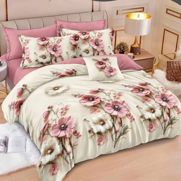 Lenjerie pat dublu cu ELASTIC, Finet, 6 piese, Crem, Roz, flori