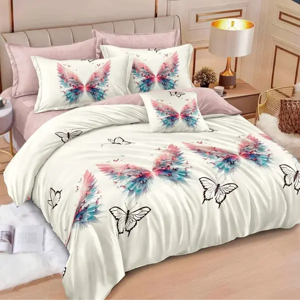 Lenjerie pat dublu cu ELASTIC, Finet, 6 piese, Crem, Roz, fluturi