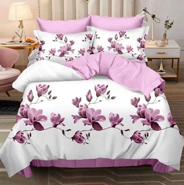 Lenjerie pat dublu cu ELASTIC, Finet, 6 piese, Roz, magnolii