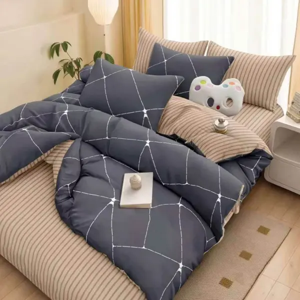 Lenjerie pat dublu cu Elastic, Gri, dungi, linii