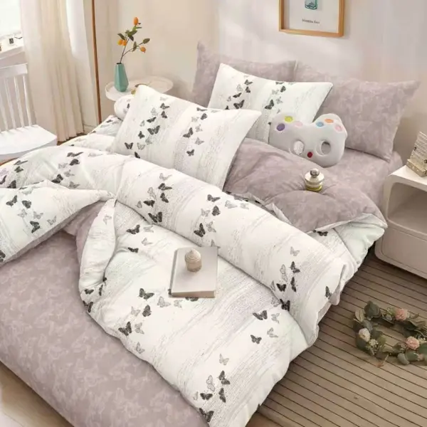 Lenjerie pat dublu cu Elastic, Gri, fluturi