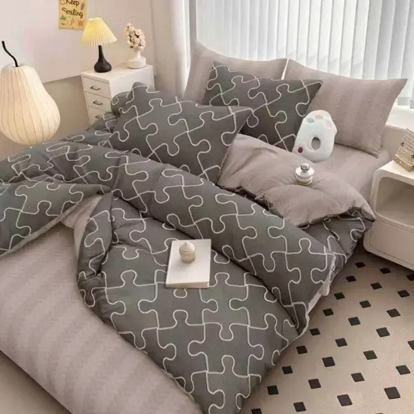 Lenjerie pat dublu cu Elastic, Gri, puzzle