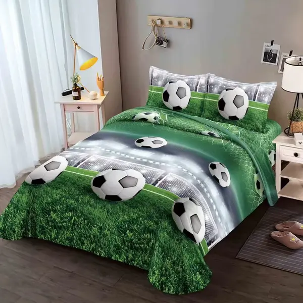 Lenjerie pat dublu cu ELASTIC microfibra imprimeu 3D - 3 Bucati 219 Lei - Verde fotbal