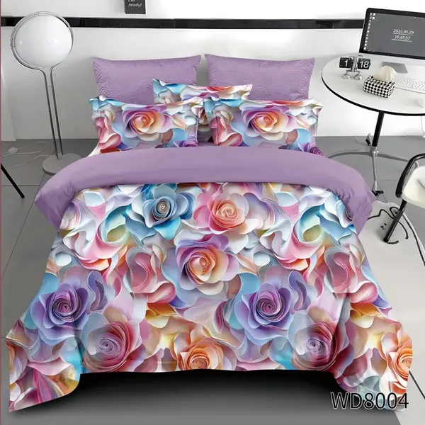 Lenjerie pat dublu, FINET, 5D Digital Print, cu Elastic, 6 piese, Lila, Trandafiri Multicolori