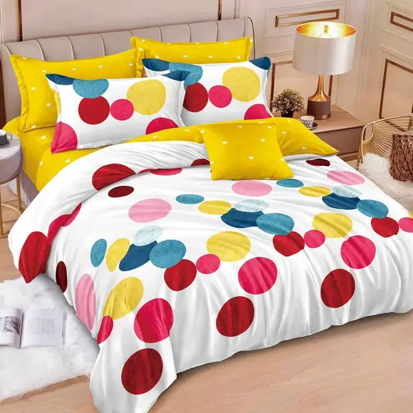 Lenjerie pat dublu, Finet, 6 piese, Alb, Galben, buline colorate