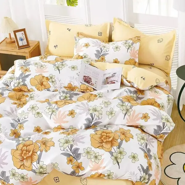 Lenjerie pat dublu, Finet, 6 piese, Alb, Galben, flori