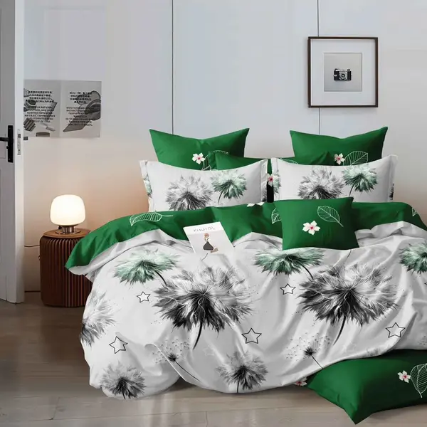 Lenjerie pat dublu, Finet, 6 piese, Alb, Verde, flori
