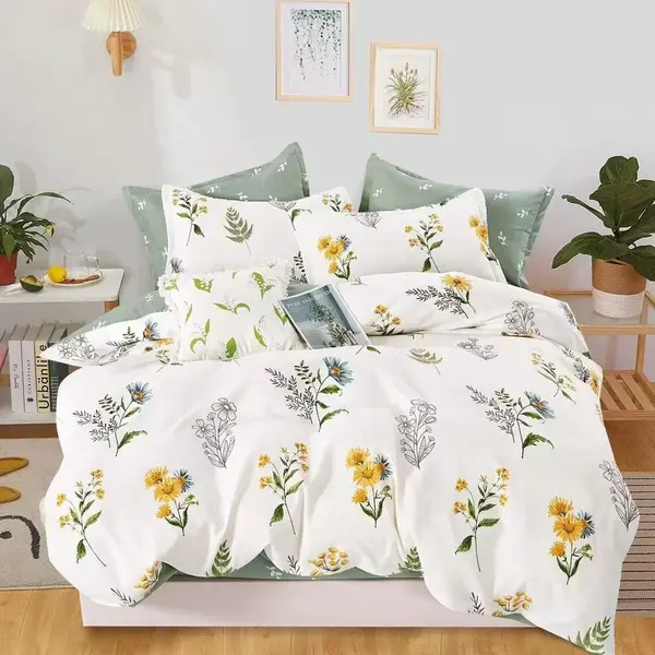 Lenjerie pat dublu, Finet, 6 piese, Alb, Verde, flori