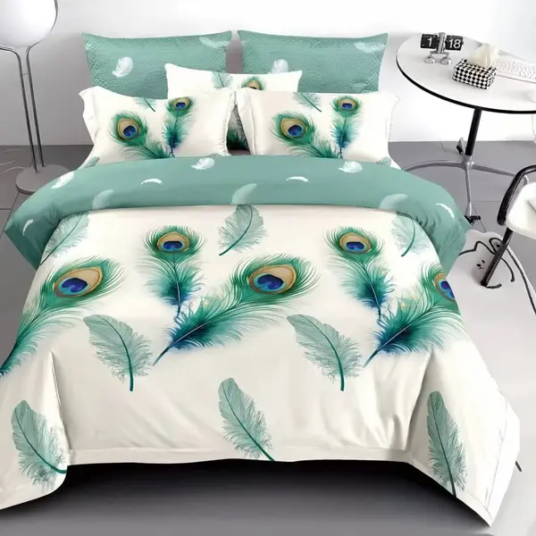 Lenjerie pat dublu, Finet, 6 piese, Alb, Verde, pene paun
