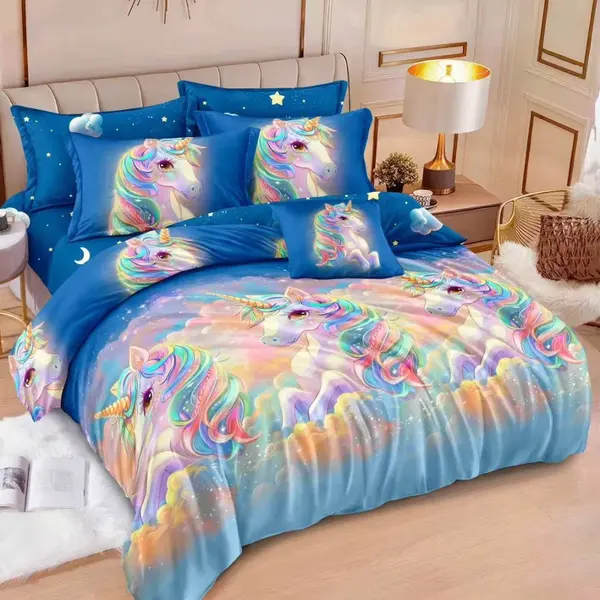 Lenjerie pat dublu, Finet, 6 piese, Albastru, unicorni