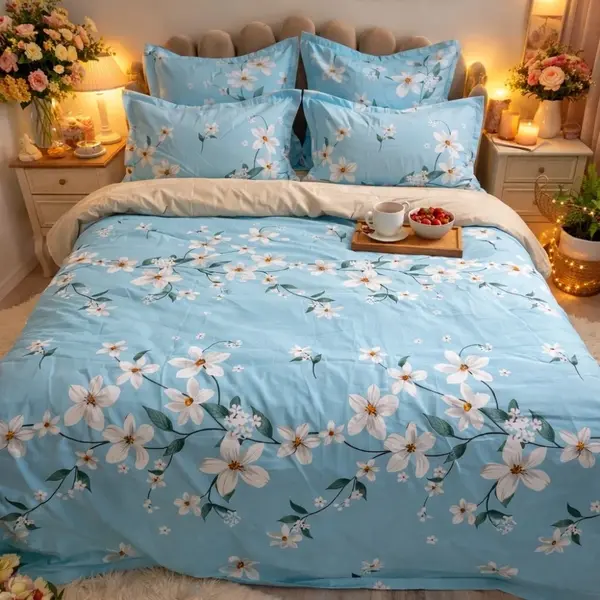 Lenjerie pat dublu, Finet, 6 piese, Bleu, flori
