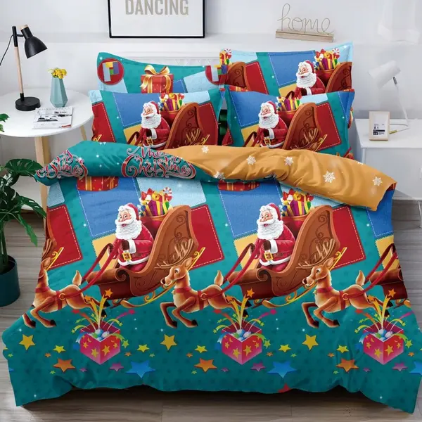 Lenjerie pat dublu, FINET, 6 piese, Craciun, Jojo Home, Bleu-Multicolor, sania lui Mos Craciun