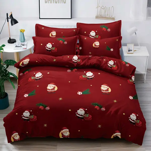 Lenjerie pat dublu, FINET, 6 piese, Craciun, Jojo Home, Rosu, Mos Craciun
