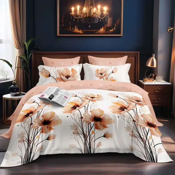 Lenjerie pat dublu, Finet, 6 piese, Crem, flori