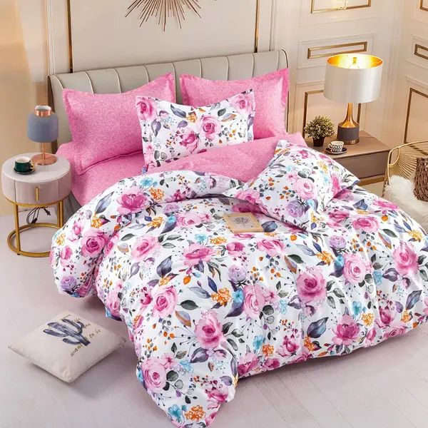 Lenjerie pat dublu, FINET, 6 piese, cu ELASTIC, Jojo Home, Alb-Roz, flori