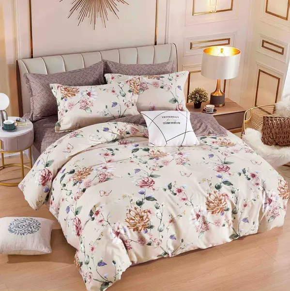 Lenjerie pat dublu, FINET, 6 piese, cu ELASTIC, Jojo Home, Bej, flori